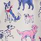 Cartoon-style purple and pink dogs, including standing, sitting, and playful poses