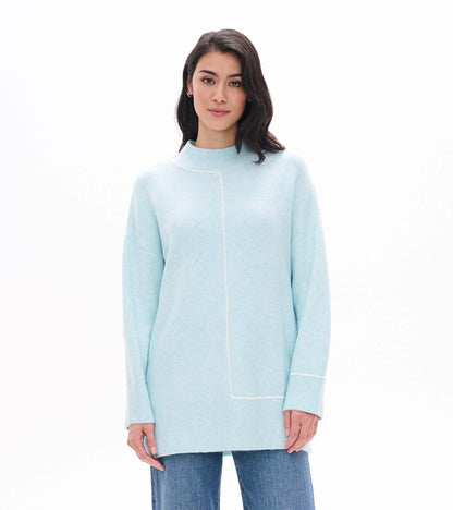 Front view of teal tunic sweater with mock neck, long sleeves and white linear stripe detail