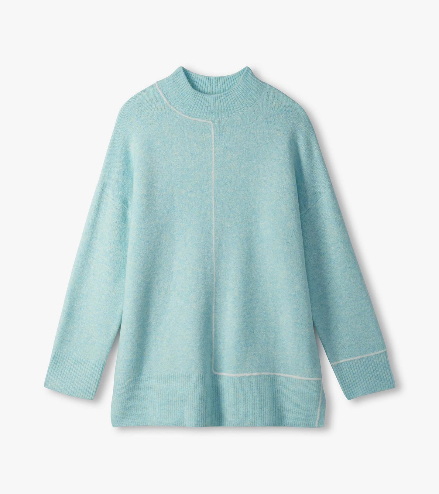 Teal tunic sweater on white background with mock neck, ribbed trim and white linear stripe detail