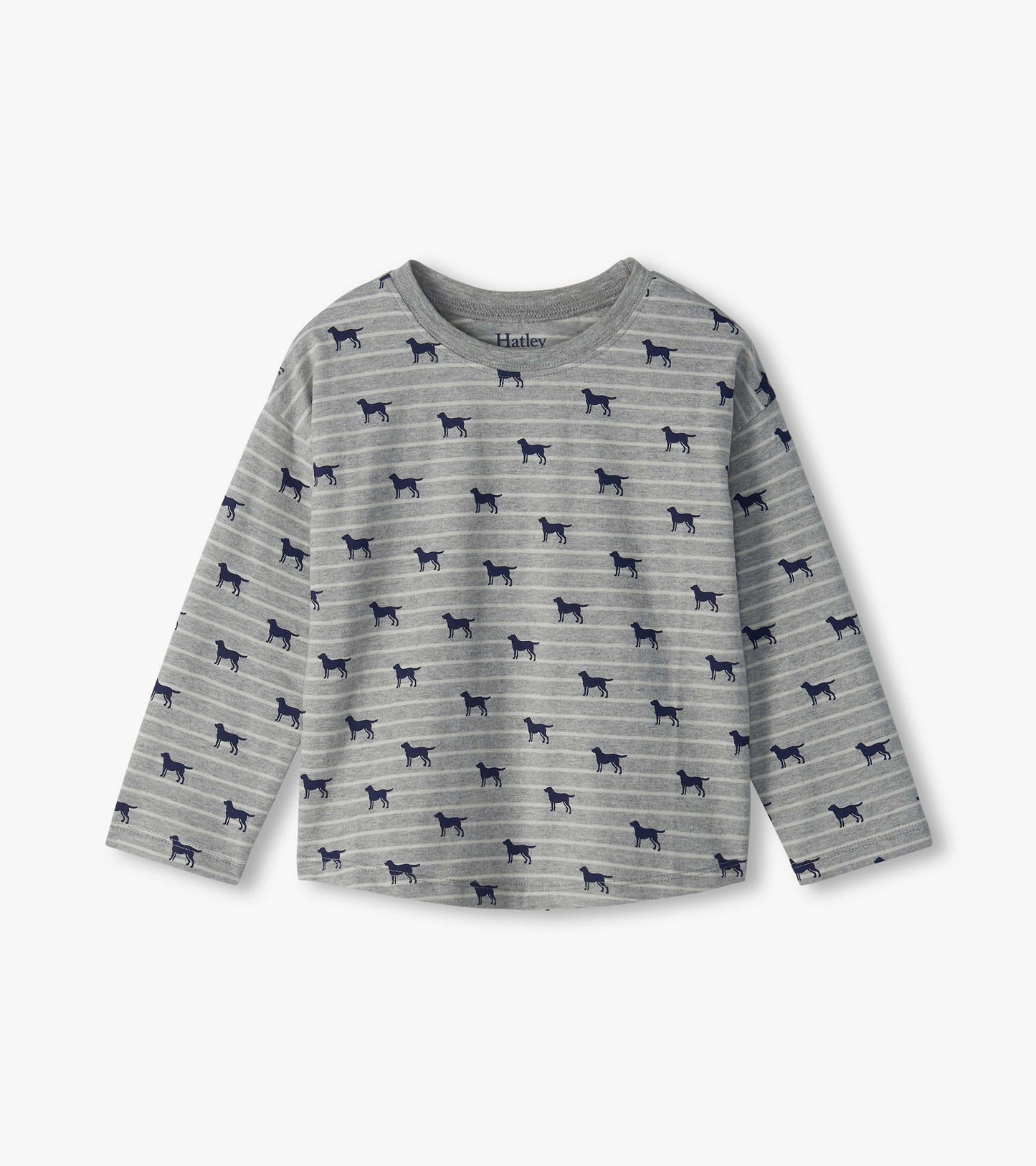 Infant gray striped long sleeve tee with drop shoulders and navy dog print