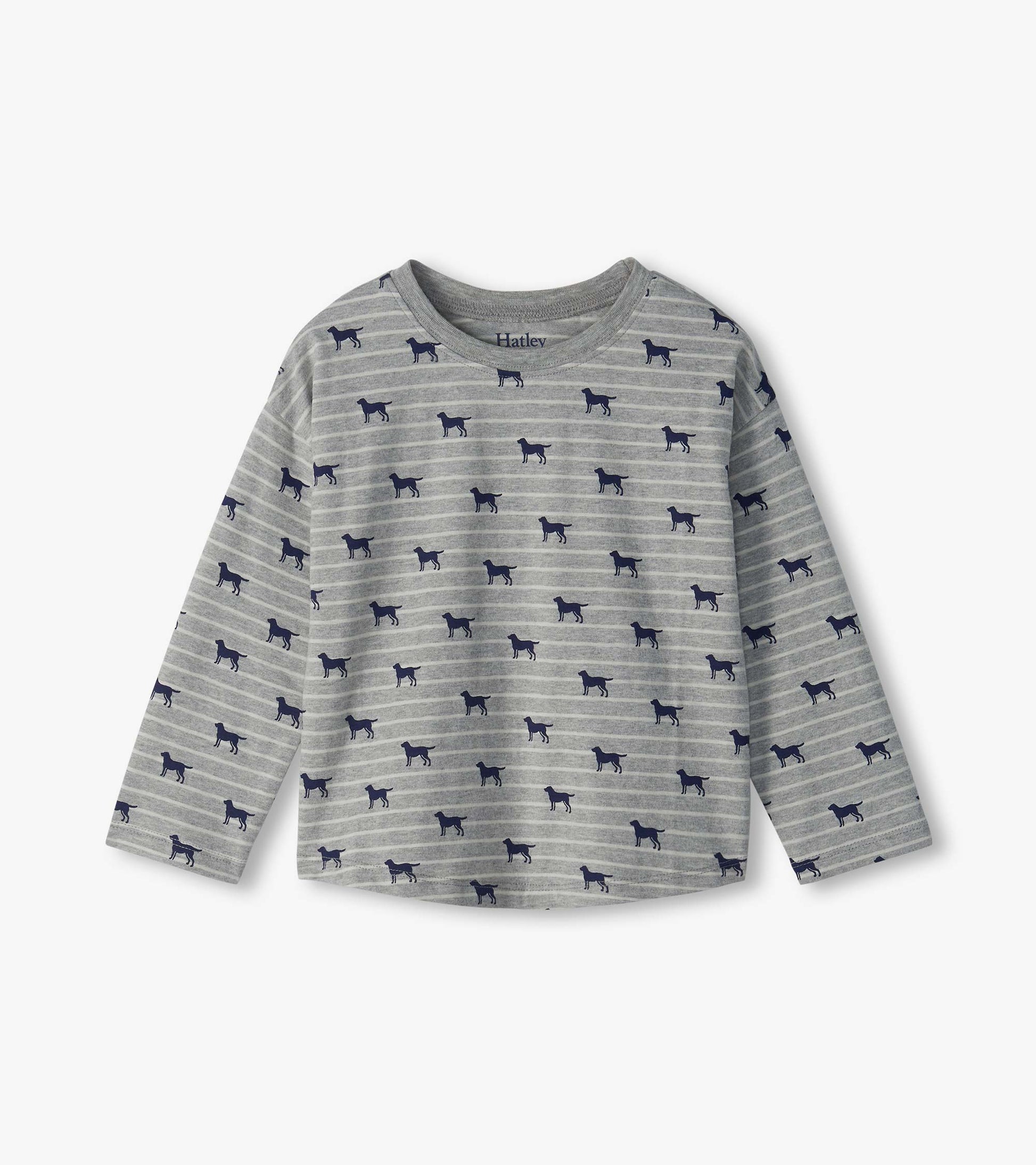 Infant gray striped long sleeve tee with drop shoulders and navy dog print