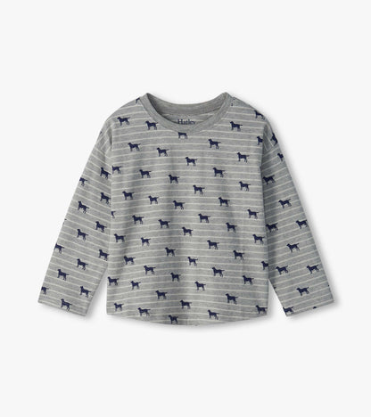 Front view of boys' long-sleeve grey striped T-shirt with navy dog silhouettes and crew neck
