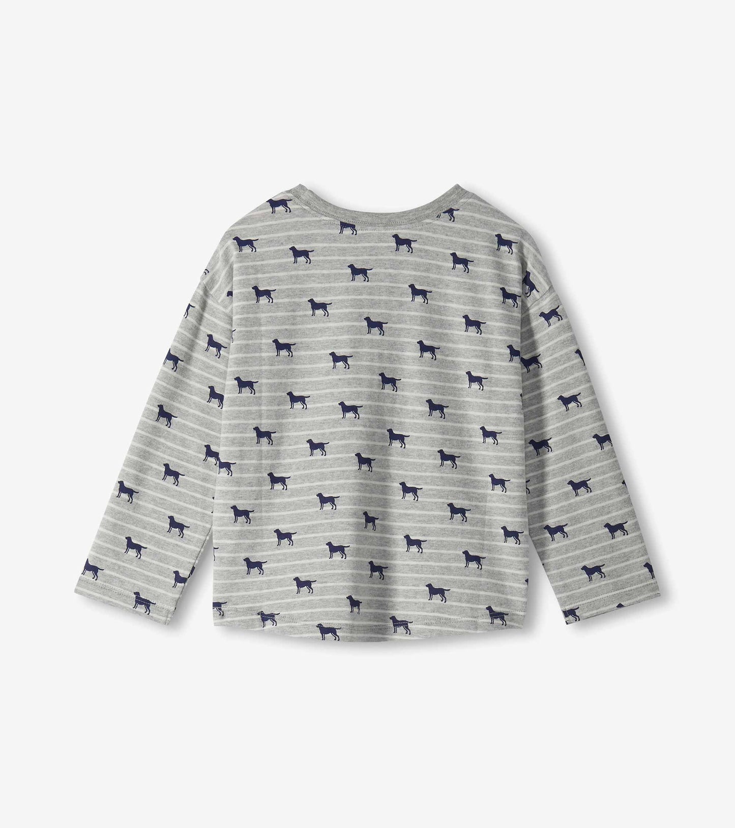 Back view of boys' long-sleeve grey striped T-shirt with navy dog silhouettes