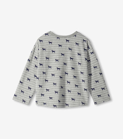 Back view of boys' long-sleeve grey striped T-shirt with navy dog silhouettes