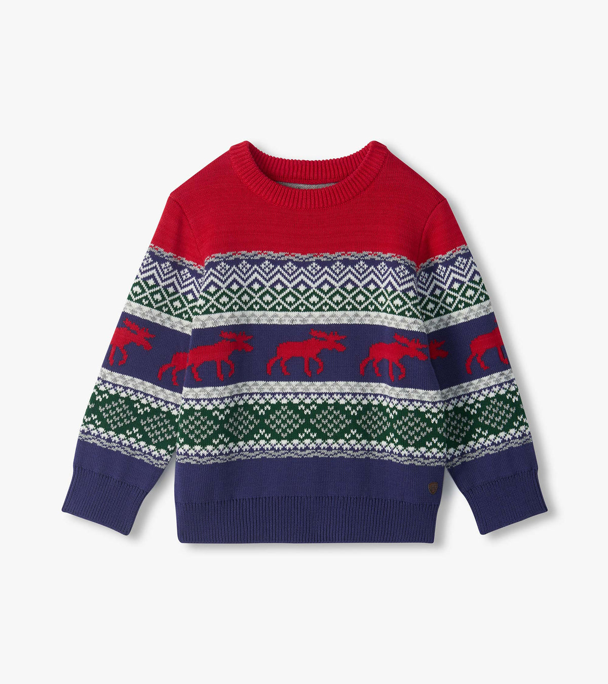 Front view of boys crew neck holiday sweater with red, green and blue Fair Isle pattern and red moose