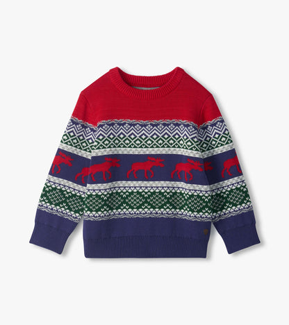 Front view of boys crew neck holiday sweater with red, green and blue Fair Isle pattern and red moose