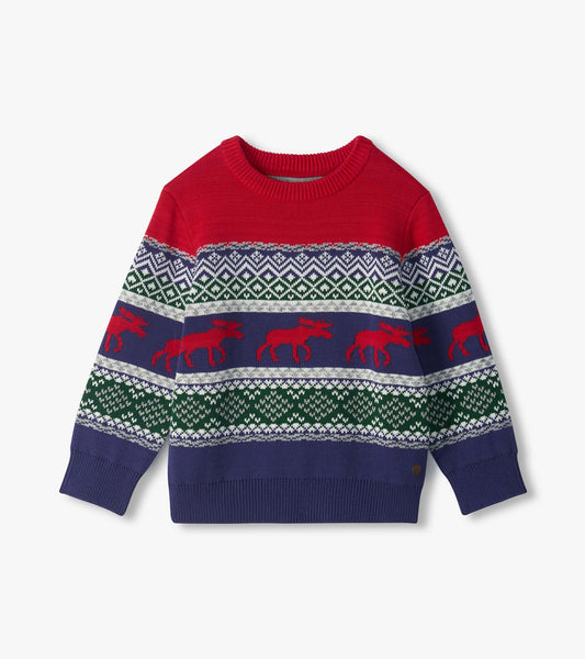 Front view of boys crew neck holiday sweater with red, green and blue Fair Isle pattern and red moose