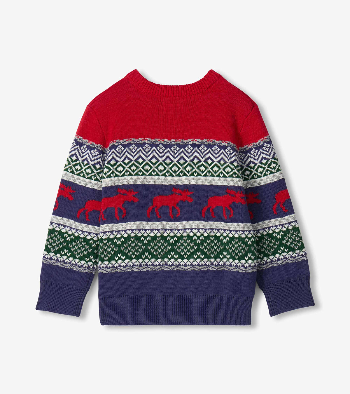 Back view of boys holiday sweater with red yoke, blue hem and sleeves, Fair Isle pattern and red moose