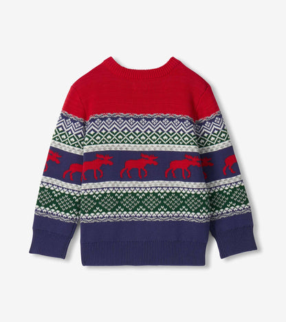 Back view of boys holiday sweater with red yoke, blue hem and sleeves, Fair Isle pattern and red moose