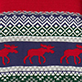 Patterned fabric with red moose silhouettes, white geometric bands, and a red top border