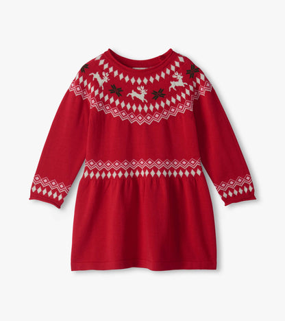 Front view of red sweater dress with white Fair Isle pattern, reindeer motif, long sleeves, and gathered waist