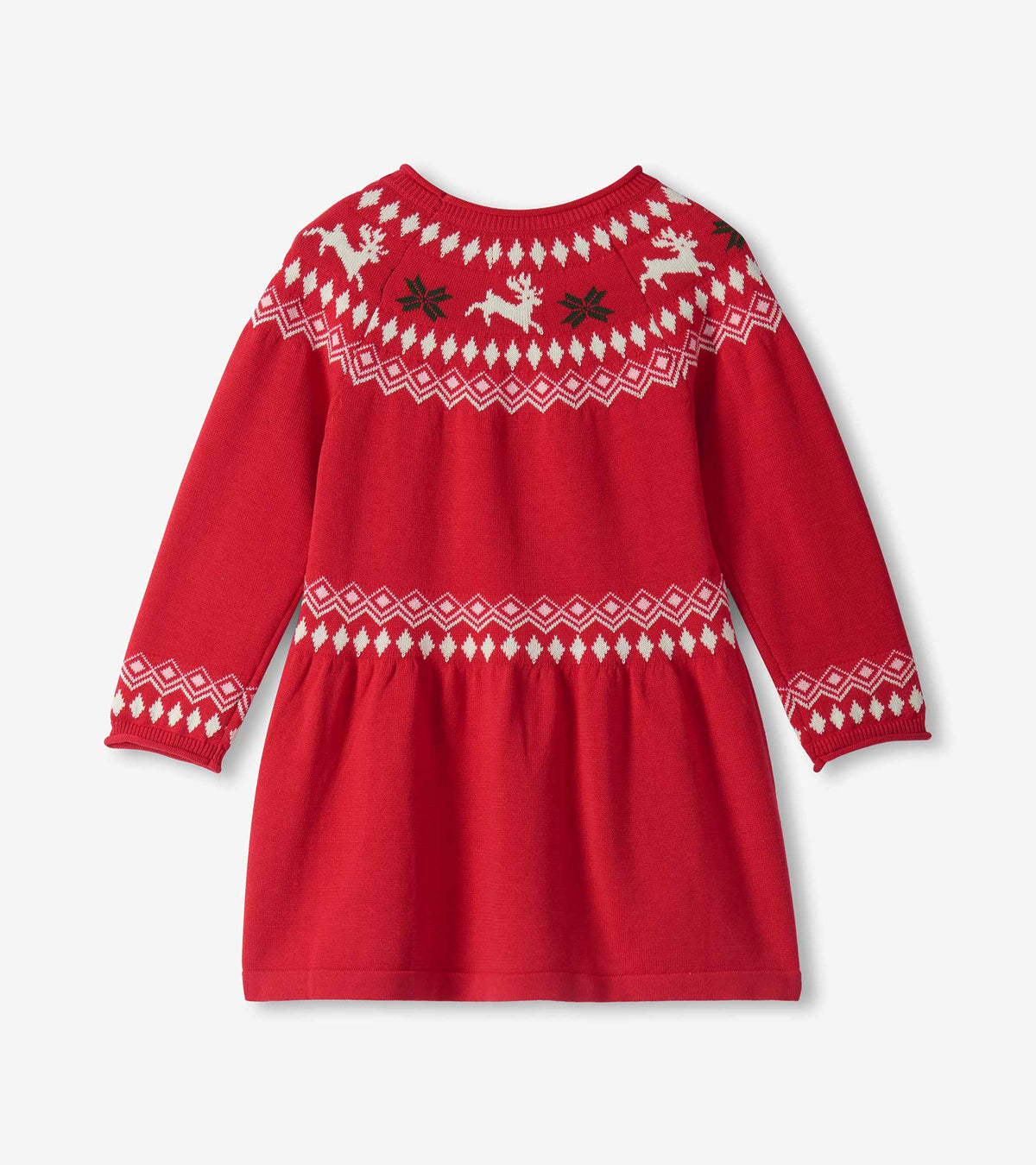 Back view of red sweater dress with white Fair Isle pattern, reindeer motif, long sleeves, and gathered waist