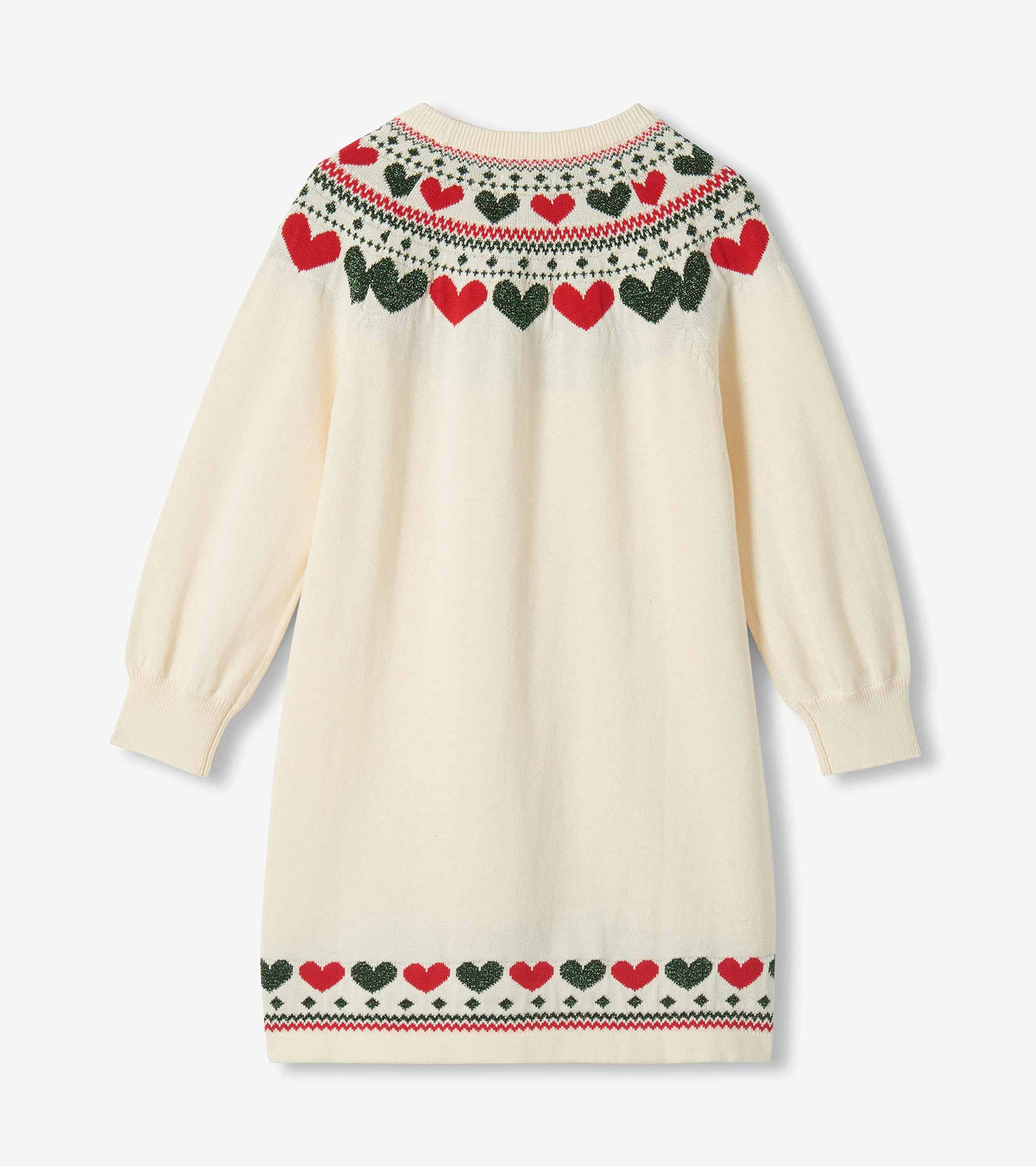 Back view of girls cream sweater dress with red and dark green heart pattern at yoke and hem