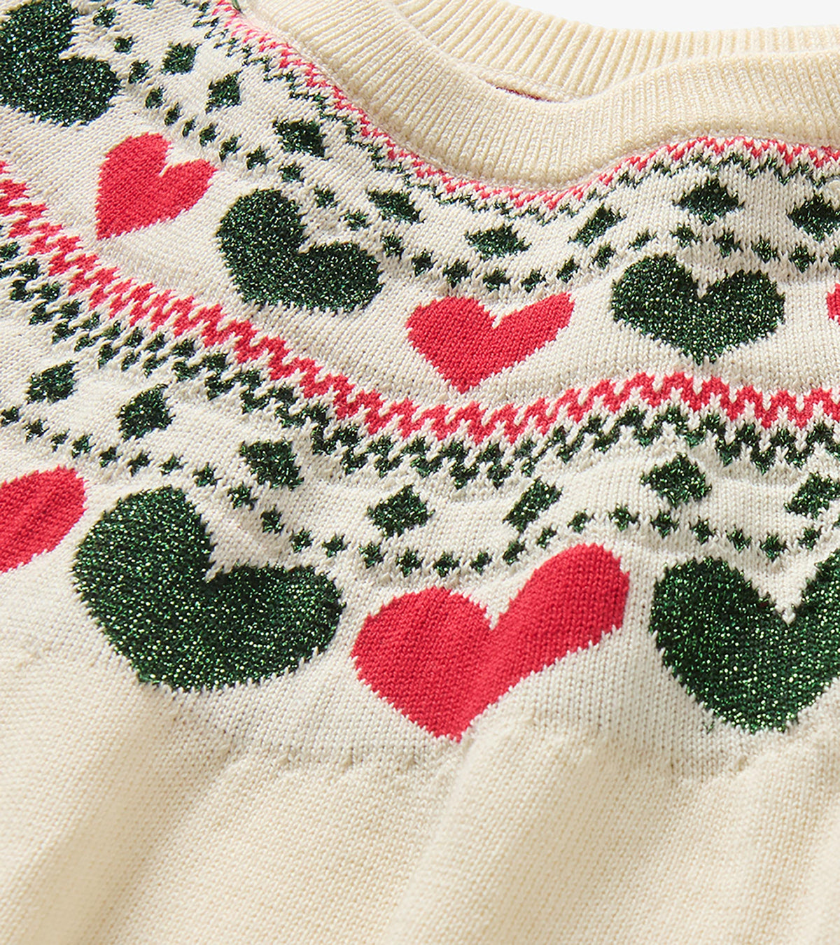 Close-up of cream knit neckline with red and dark green heart pattern and holiday-style trim
