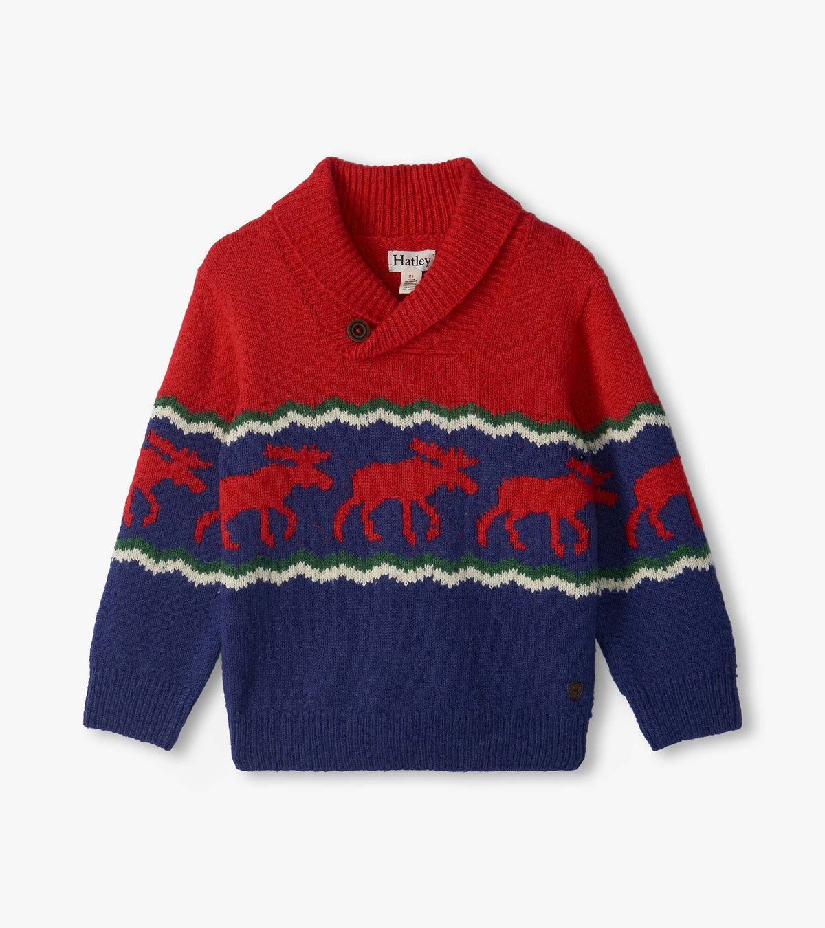Front view of boys holiday pullover sweater in red and blue with moose pattern and shawl collar