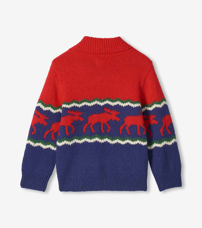 Back view of red and blue holiday sweater with moose band and striped pattern across the chest and sleeves