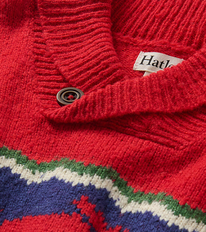 Close-up of red shawl collar with button detail and striped moose knit pattern