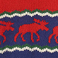 Blue patterned design with red moose and white, green, and red zigzag stripes
