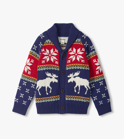 Front view of boys blue shawl collar cardigan with white moose, snowflakes, red panels and striped trim