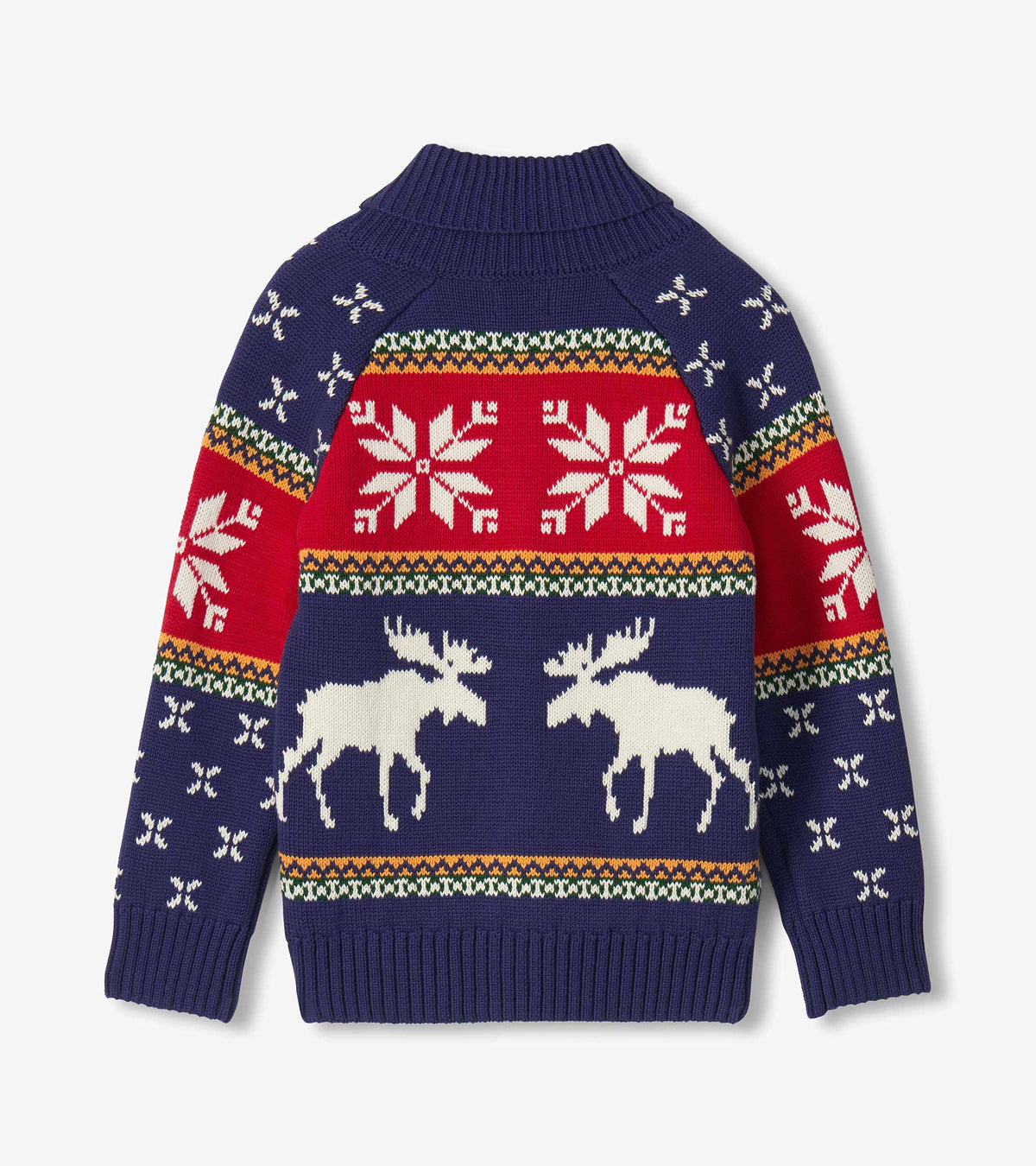 Back view of boys blue holiday cardigan with white moose, snowflakes, red panels and striped trim