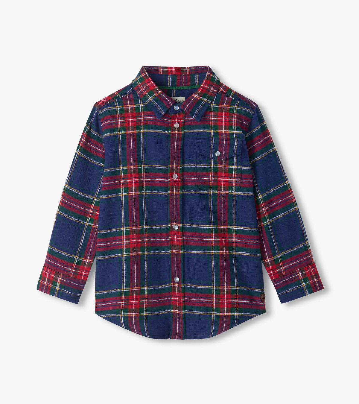 Front view of boys plaid button-down shirt in navy, red, and green with chest pocket and snap buttons