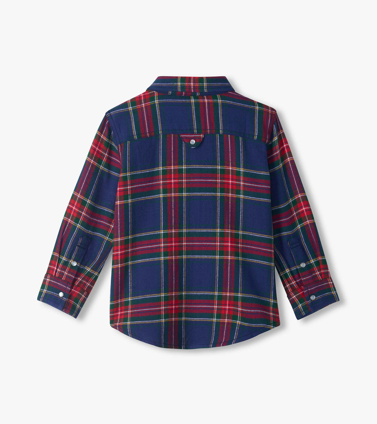 Back view of boys plaid button-down shirt in navy, red, and green with curved hem and cuff tabs