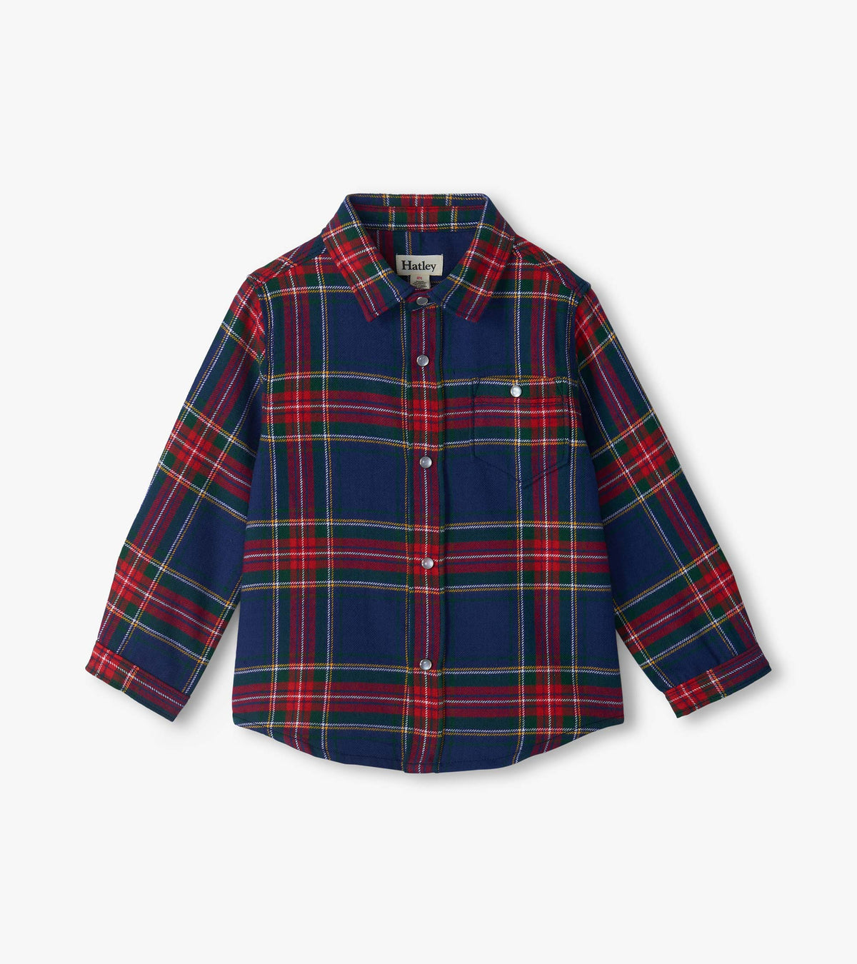 Front view of baby and toddler boys plaid holiday button-down shirt with chest pocket and snap front