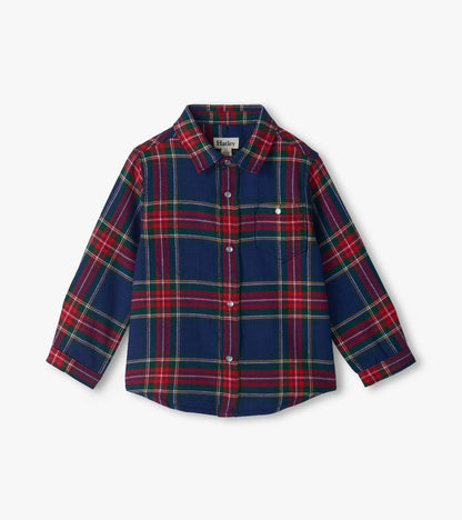 Front view of baby and toddler boys plaid holiday button-down shirt with chest pocket and snap front