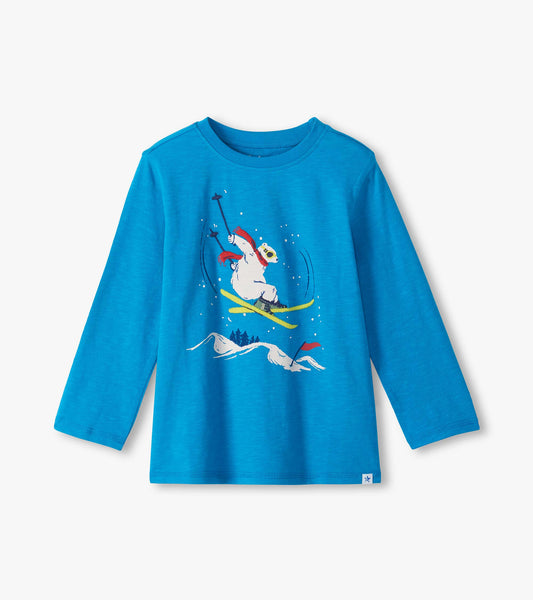 Blue boys long sleeve T-shirt with a skiing bear graphic on the front