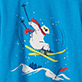 White unicorn with rainbow mane leaping over wavy blue lines on a blue background
