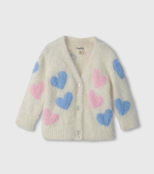 Cream fuzzy cardigan with blue and pink heart pattern, V-neck, long sleeves, and front buttons