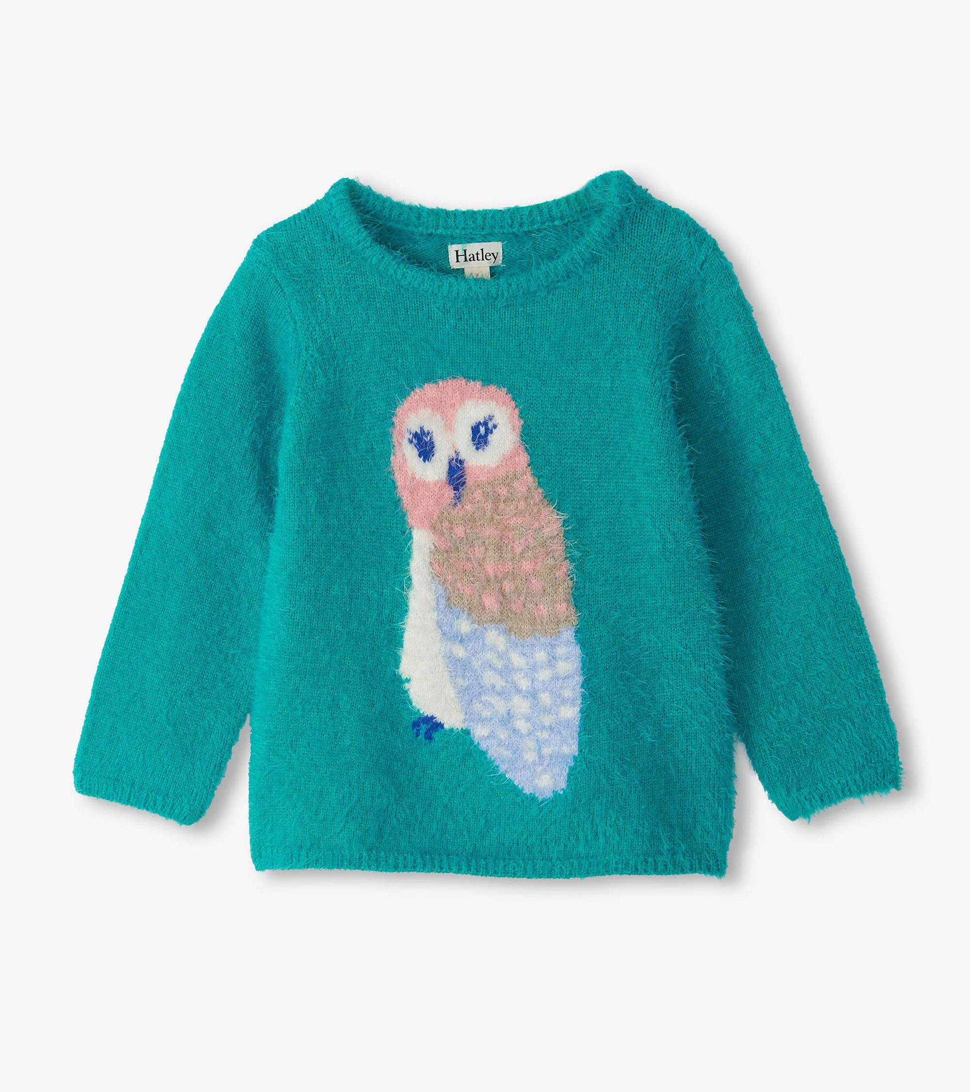 Teal fuzzy girls sweater with long sleeves and a large pink, tan, white, and blue owl on the front