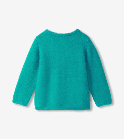 Back view of teal fuzzy long sleeve sweater