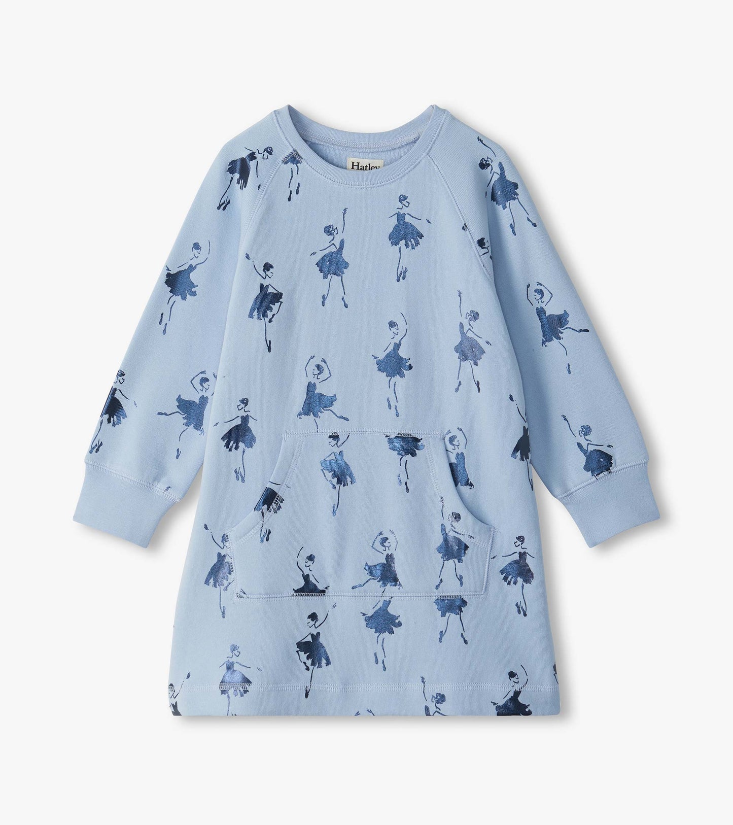 Front view of light blue sweatshirt dress with long sleeves, kangaroo pocket, and ballerina print