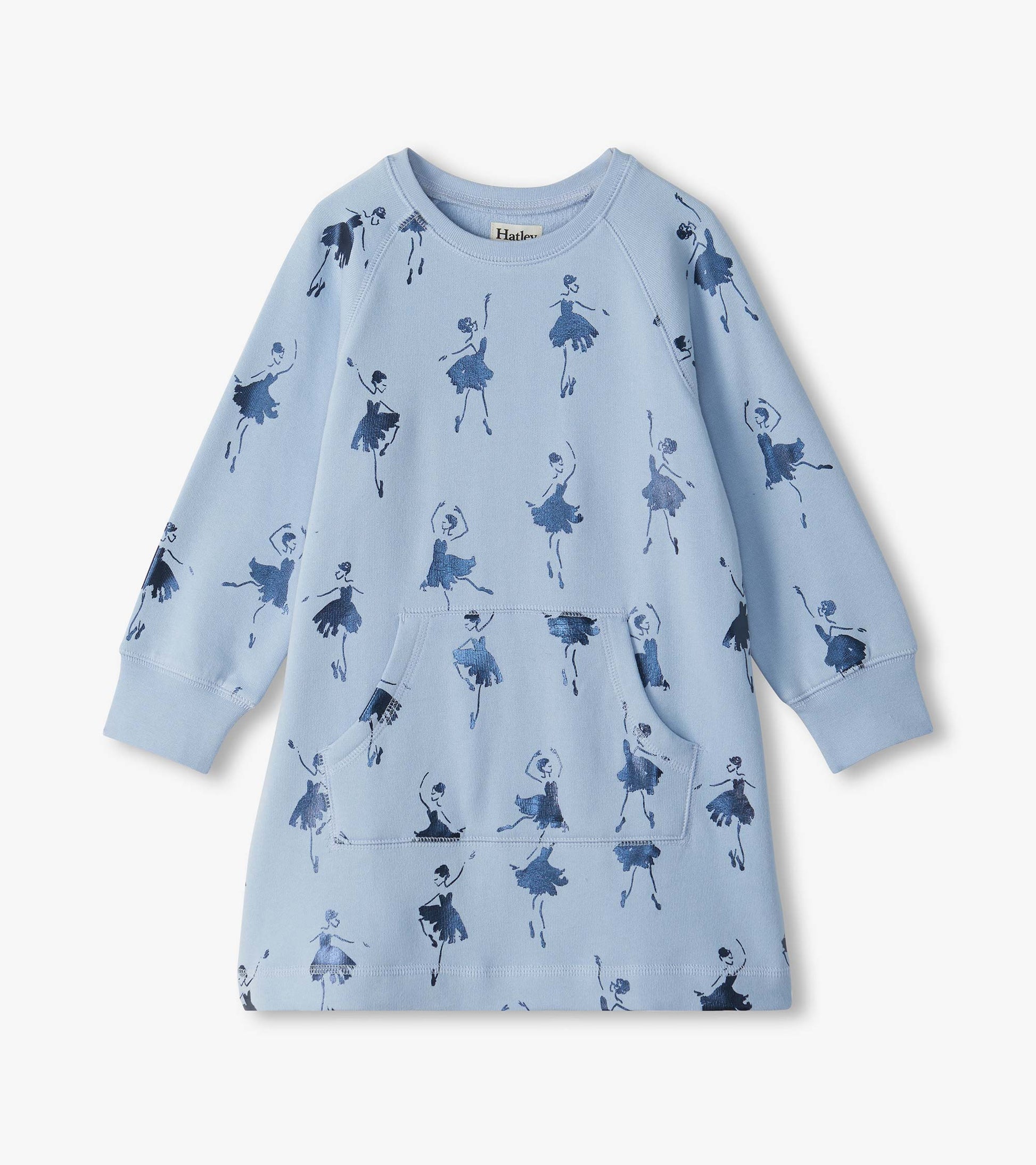 Front view of light blue sweatshirt dress with long sleeves, kangaroo pocket, and ballerina print