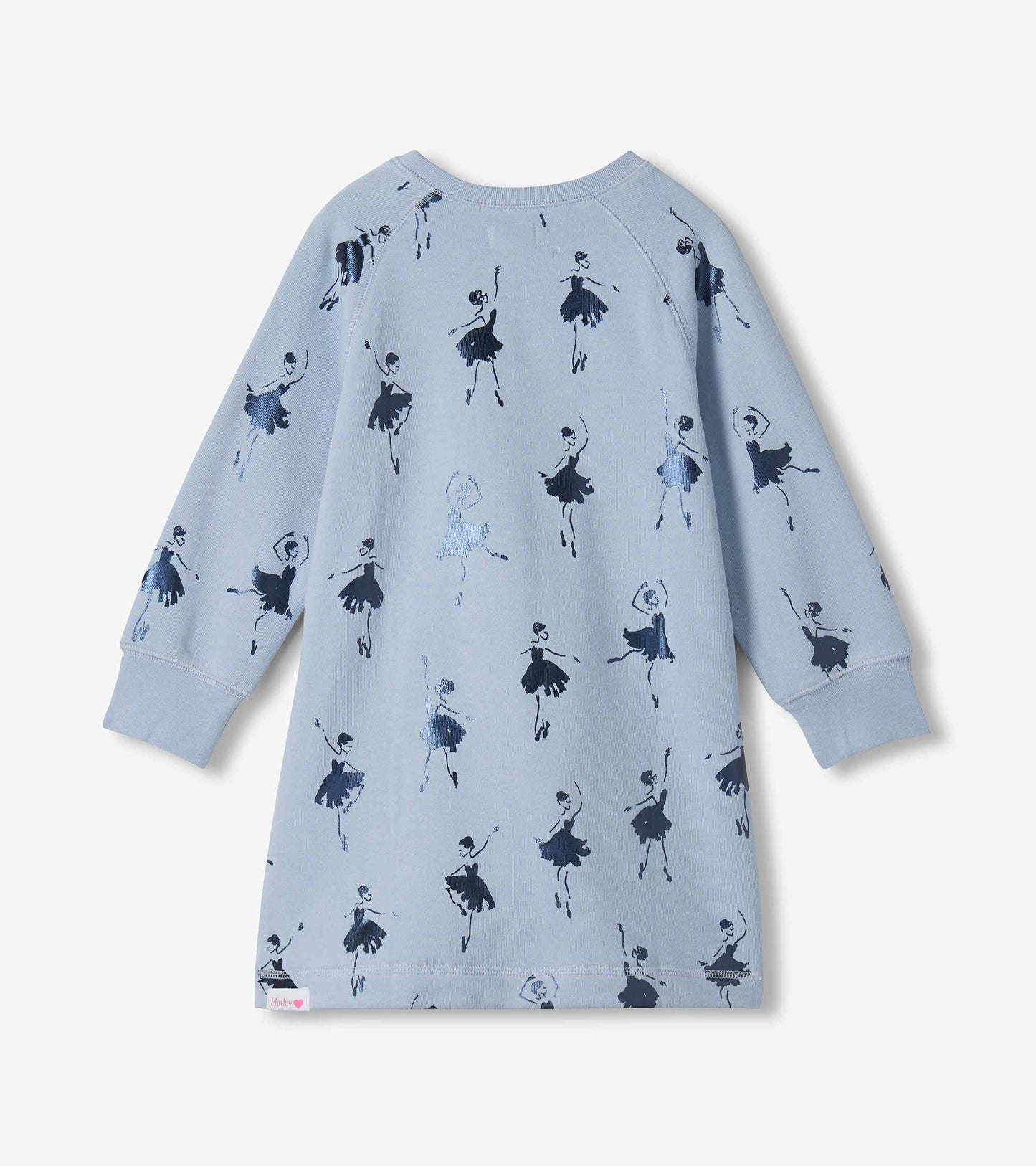 Back view of light blue long sleeve sweatshirt dress with allover ballerina print