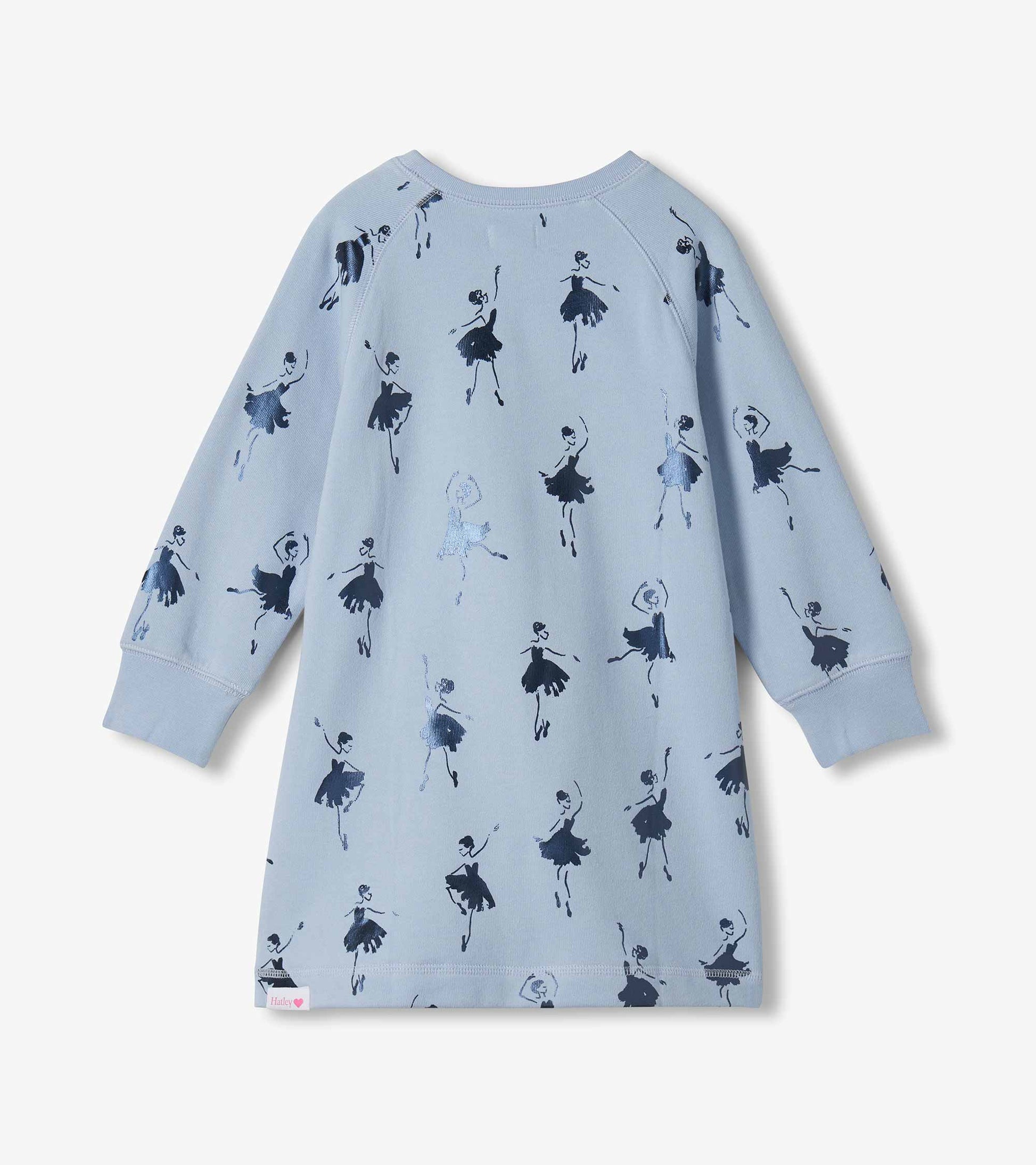 Back view of light blue long sleeve sweatshirt dress with allover ballerina print