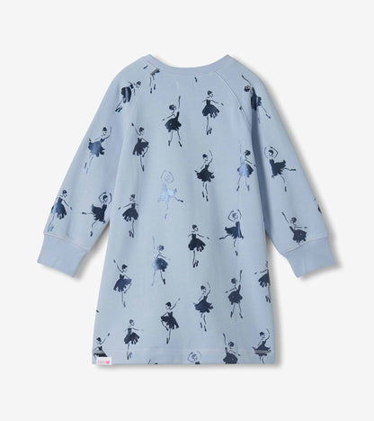 Back view of light blue long sleeve sweatshirt dress with allover ballerina print