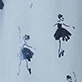 White fabric with small blue floral and figure motifs