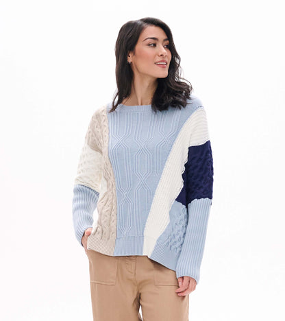 Front view of Kentucky Blue mixed pattern sweater with light blue, cream, beige, and navy knit panels