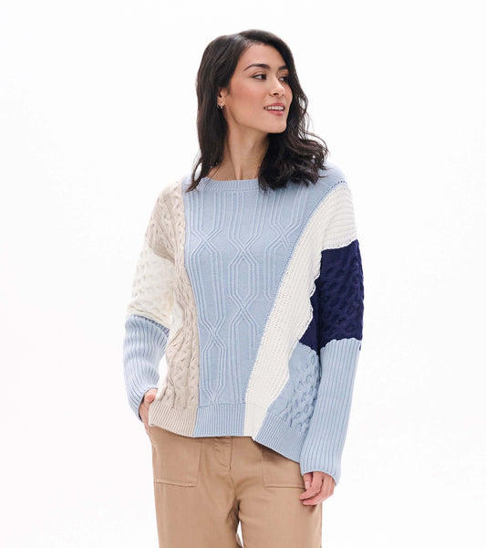 Front view of Kentucky Blue mixed pattern sweater with light blue, cream, beige, and navy knit panels
