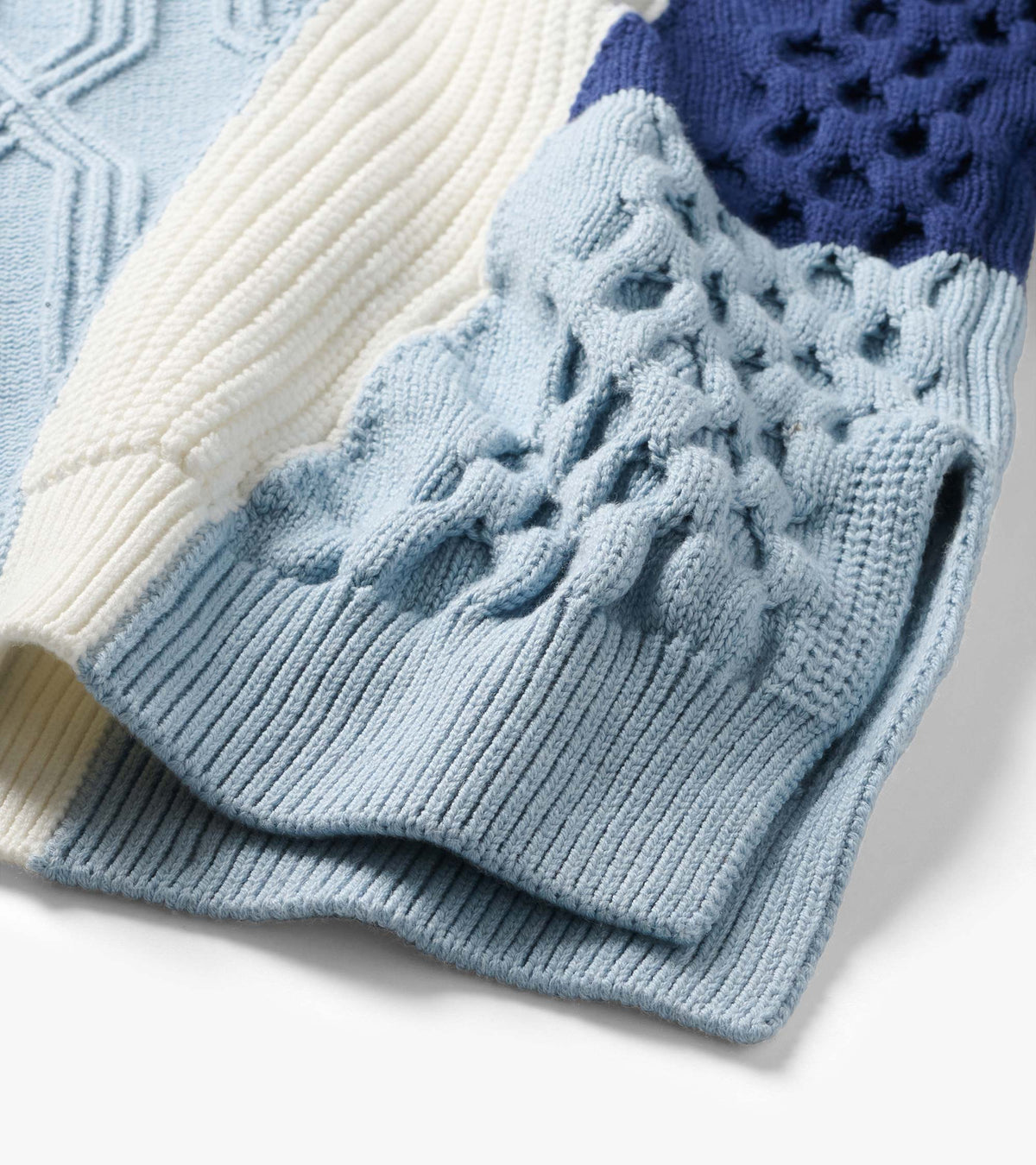 Close-up of blue, cream, and navy sweater showing mixed cable, ribbed, and textured knit panels