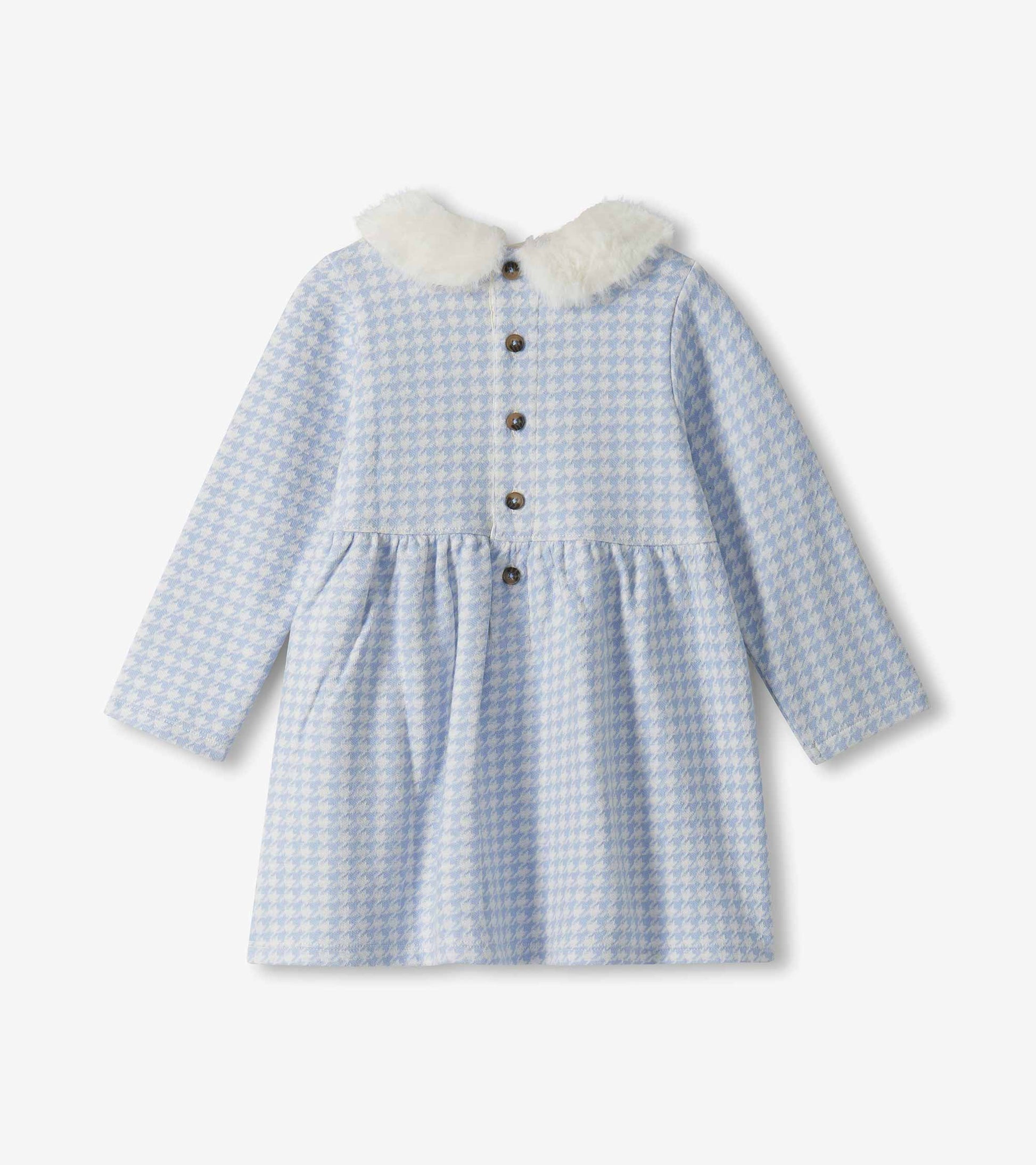 Back view of blue and white houndstooth long-sleeve dress with white fluffy collar and button placket
