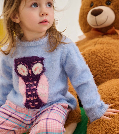 Toddler wearing a sky blue furry sweater with a large pink and purple owl on the front