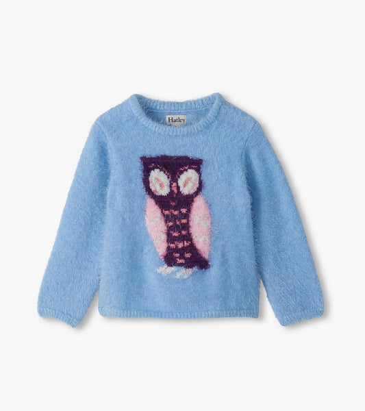 Light blue fuzzy infant sweater with long sleeves and a large pink and purple owl on the front