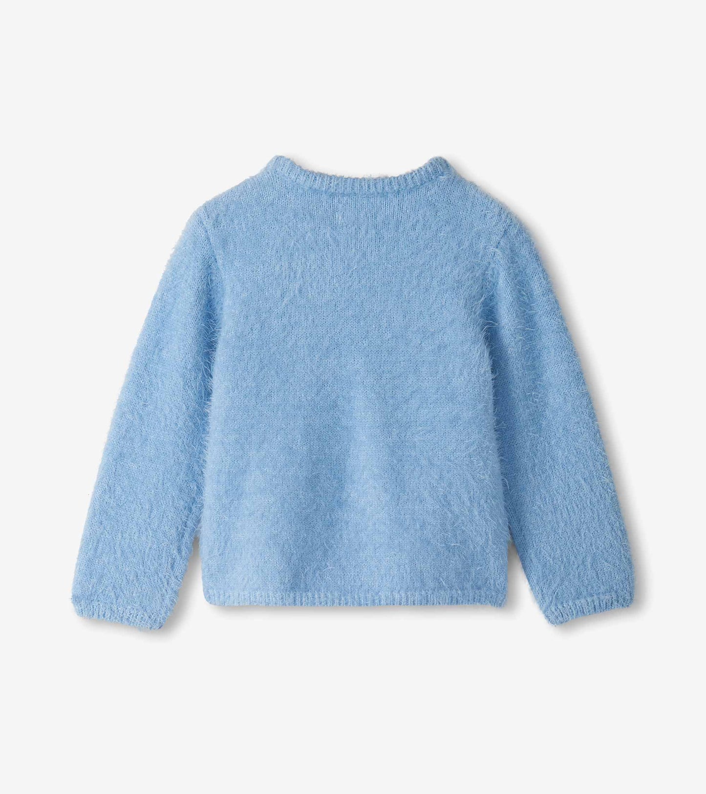 Back view of sky blue furry long sleeve pullover sweater