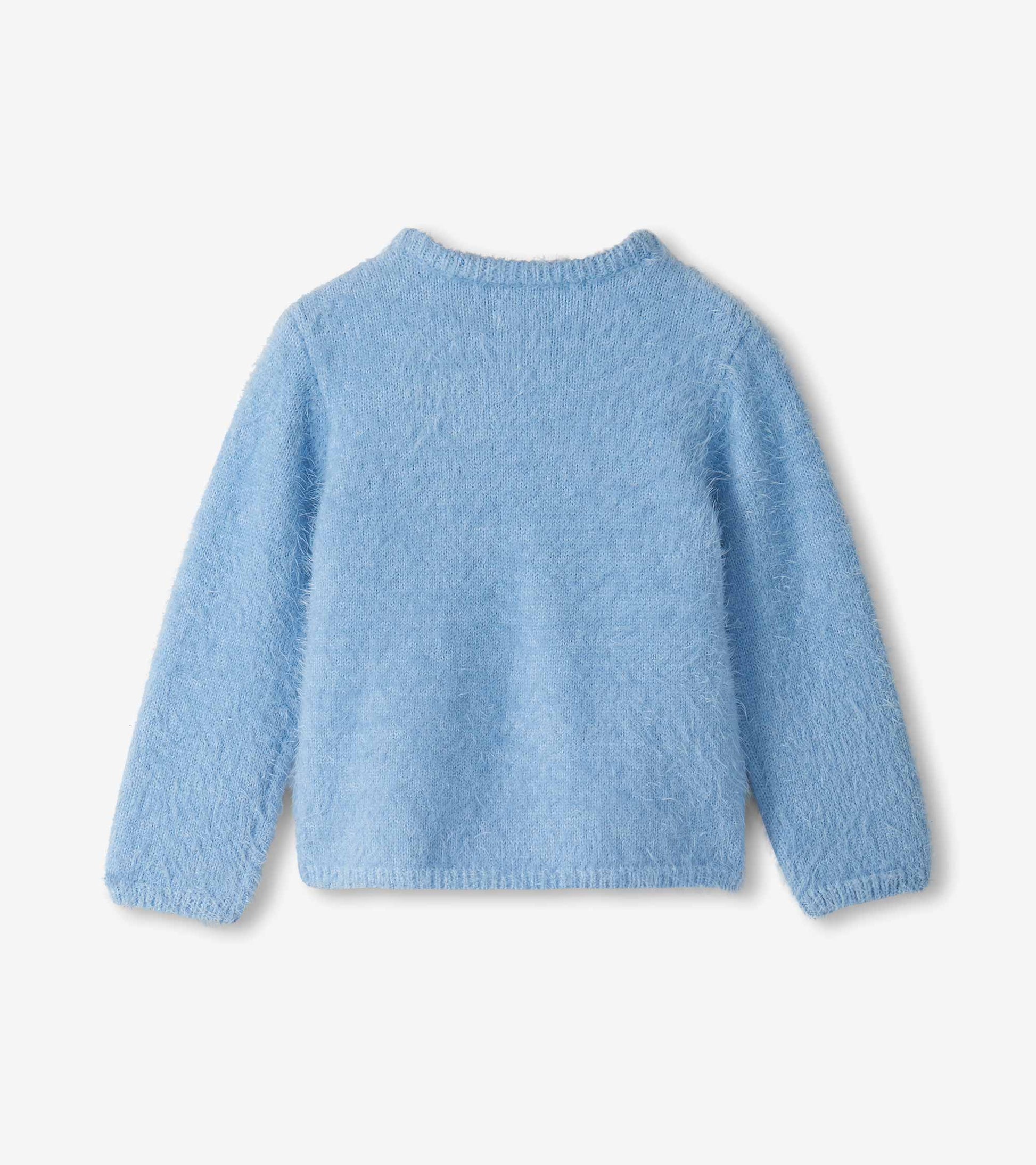 Back view of sky blue furry long sleeve pullover sweater