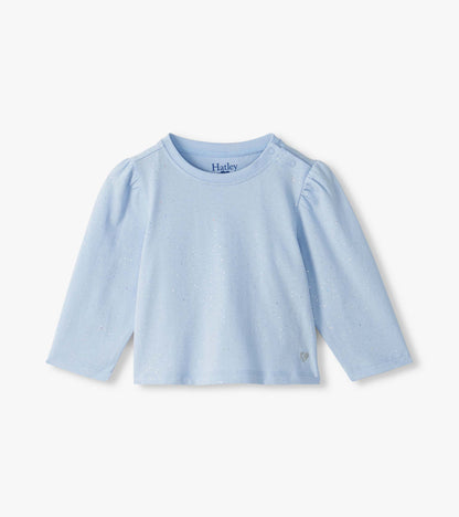 Front view of infant light blue long sleeve tee with subtle glitter speckles and shoulder snap buttons