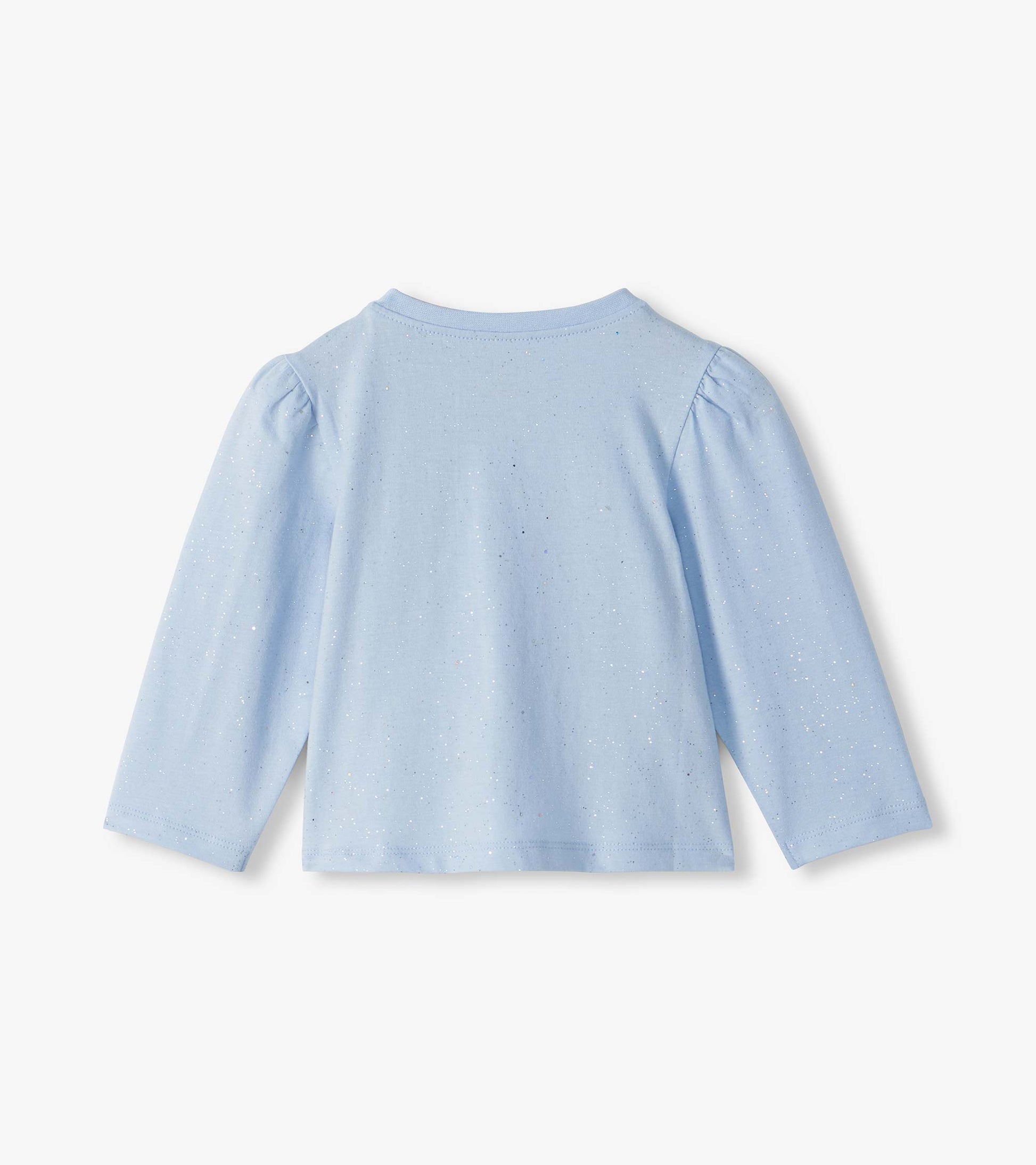 Back view of infant light blue long sleeve tee with subtle glitter speckles and puff shoulders