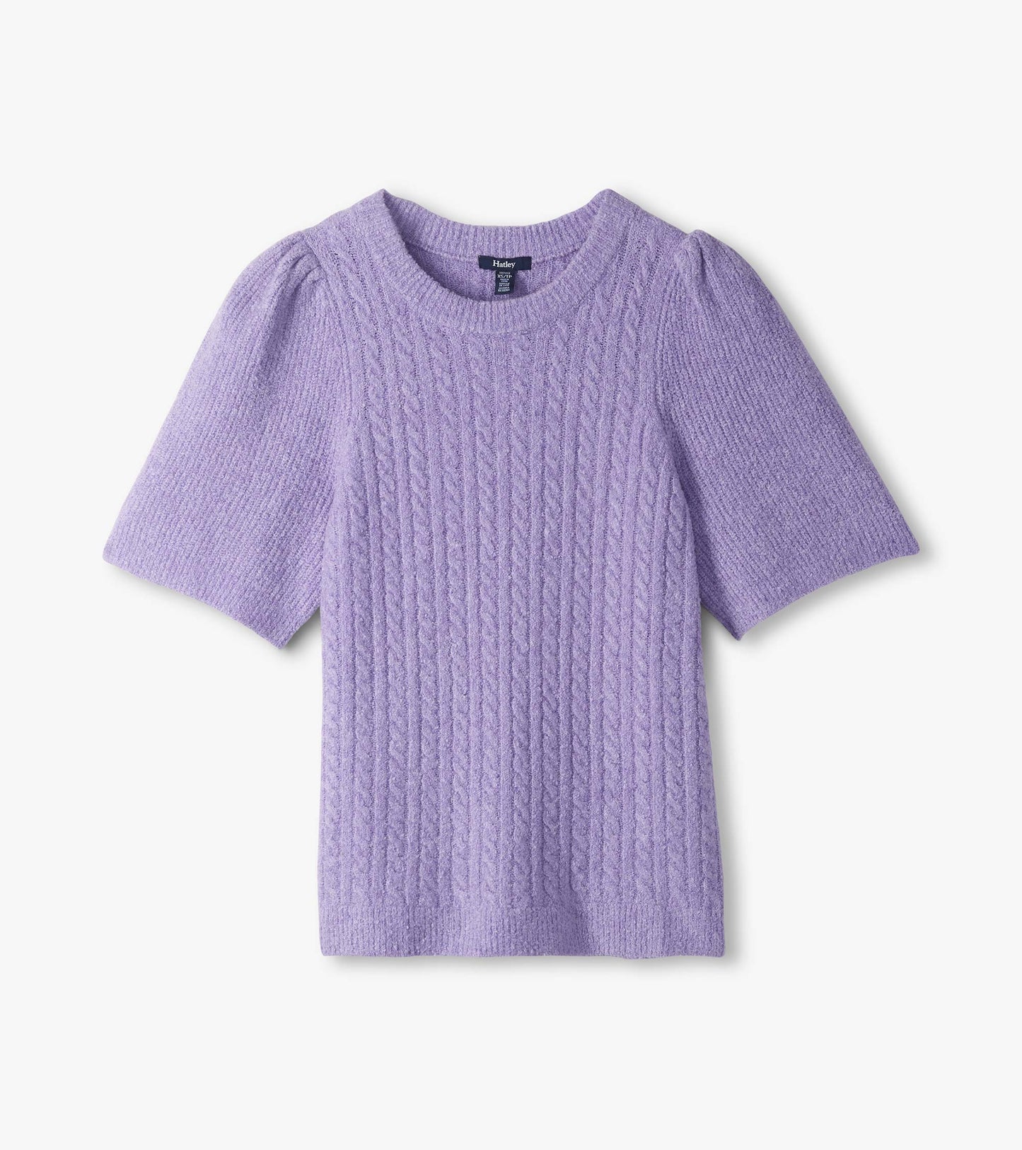 Lilac cable knit short-sleeve sweater laid flat with puff sleeves and ribbed crew neck